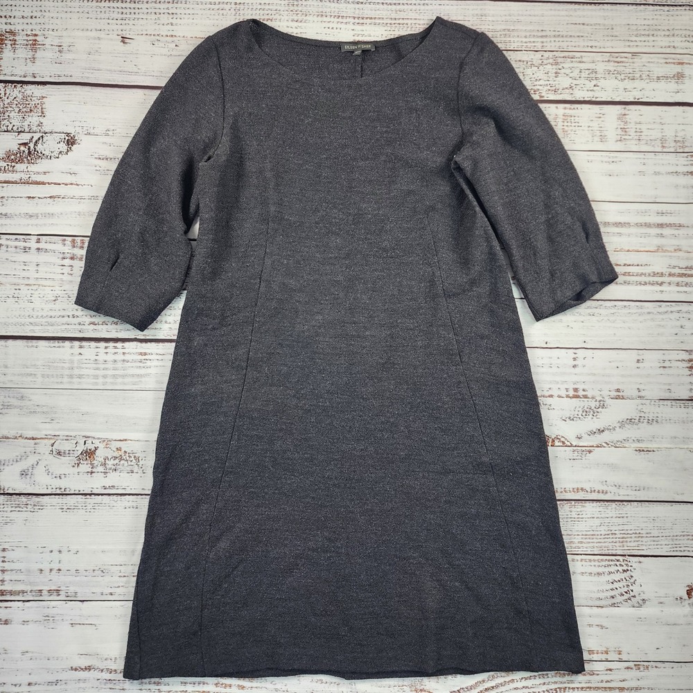 Eileen Fisher Womens Boiled Wool 3/4 Sleeve Shift‎ Dress Charcoal Gray S